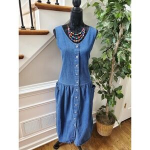 Vintage Patterns Blue Denim Cotton V-Neck Sleeveless Long Jeans Maxi Dress M
